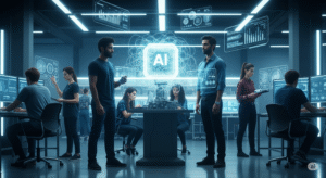 Cientistas de computação em laboratório do MIT desenvolvendo inteligência artificial autoadaptativa com núcleo neural luminoso